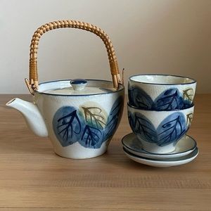 Vintage Japanese Teapot + 2 Matching Teacups & Plates - Leaf Design